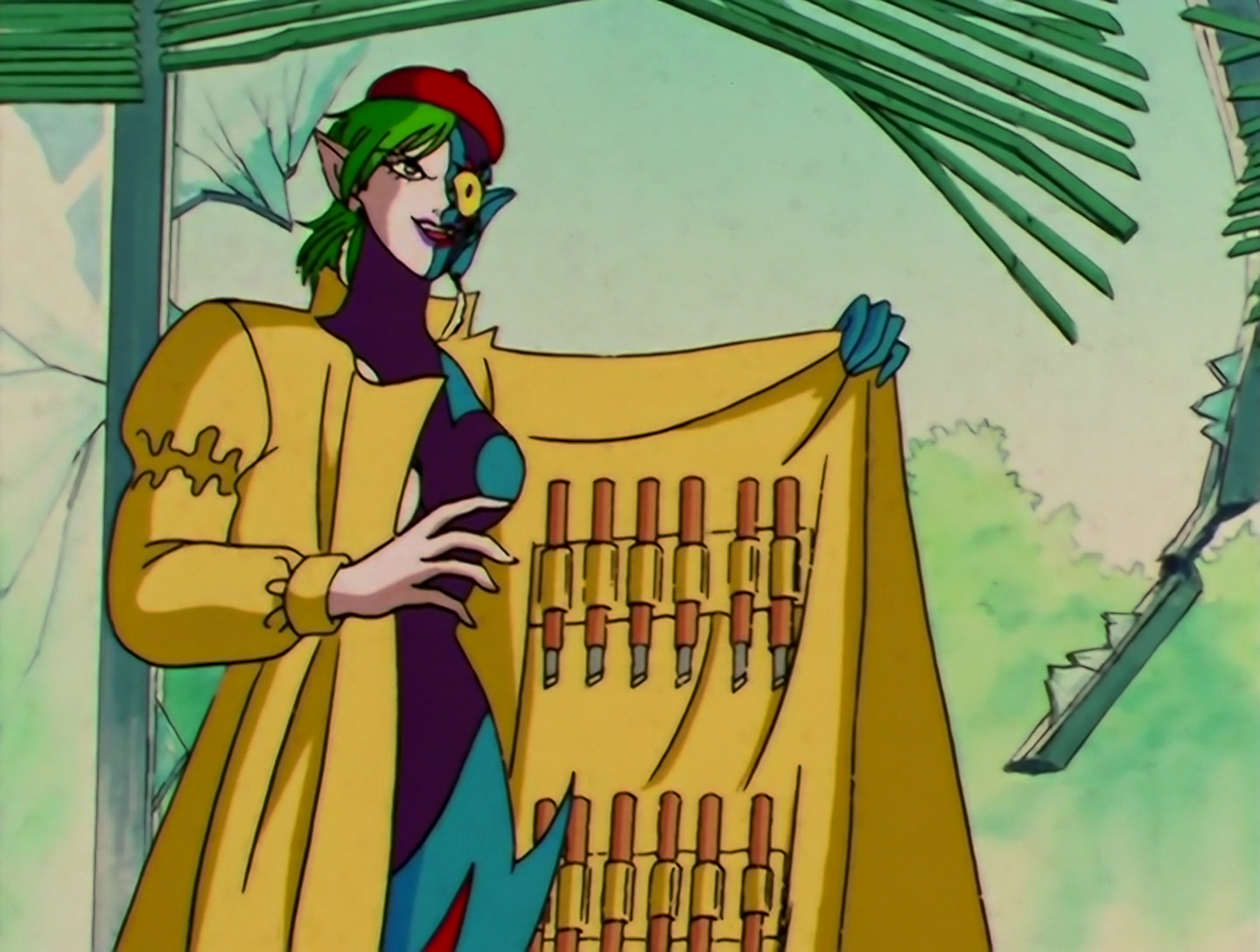 Chokokkar, a Daimon from Sailor Moon episode 107. She’s like if Two Face from Batman was designed by Picasso. One half of her face is pale white and fairly ordinary-looking, albeit with a pointed ear. The other half is blue and purple, the eye is large and yellow with exaggerated eyelashes and no eyebrow, and the pointed ear is much larger. The white, blue and purple cover the rest of her body in swirling patterns, along with some streaks of red. She has green hair and wears a red beret. She’s also wearing a long beige coat, which she’s holding open to reveal a set of sculptor’s tools held inside.